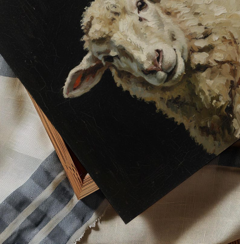 Humeurig schapenportret olieverfschilderij, donkere vintage Animal Art Print, rustieke boerderij muur decor, gedempt platteland beeldende kunst, digitale download afbeelding 2