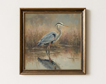 Vintage Heron Oil Painting, Antique Bird Portrait, Rustic Marsh Wildlife Art, Traditional Wetland Landscape Print, Fine Countryside Decor