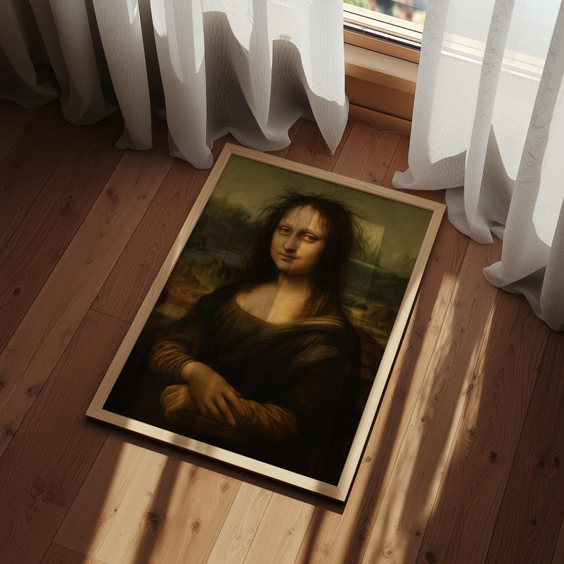 May include: A framed rectangular print featuring a portrait of a person with long dark hair and a subtle smile, wearing a dark garment. The artwork is displayed in a light-colored wooden frame, showcasing a classic composition with muted tones.