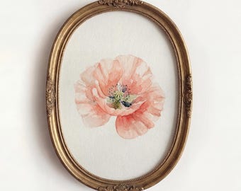 Poppy Watercolor Print, Coral Botanical Wall Art, Vintage Oval Floral Decor, Delicate Bloom Digital Download, Cottagecore Home Gift Idea