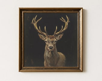 Vintage hert kunst aan de muur, humeurig hert olieverfschilderij, rustieke decor cabine, bos dierenprint, lodge stijl wildlife kunst cadeau, digitale download