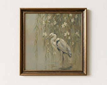 Vintage Gray Heron Oil Painting Print, Antique Willow Tree & Lake Scene, French Country Cottagecore Decor, Moody Bird Nature Wall Art Poster