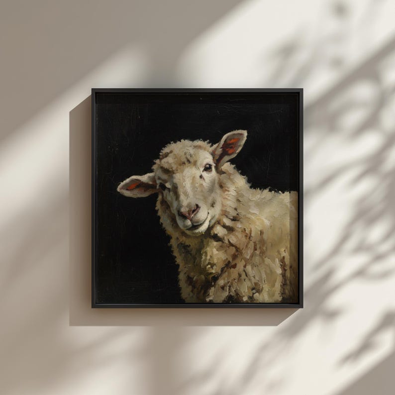 Humeurig schapenportret olieverfschilderij, donkere vintage Animal Art Print, rustieke boerderij muur decor, gedempt platteland beeldende kunst, digitale download afbeelding 4