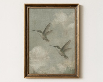 Hummingbird Art Print, Vintage Sky Canvas Painting, Emerald Bird Digital Poster, Cloud Nursery Home Decor, Antique Aviary Gift, Wall Gallery