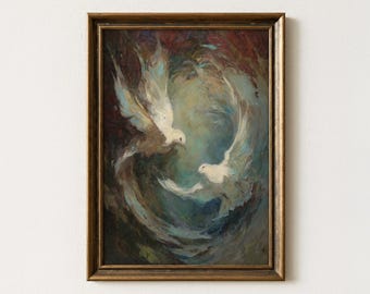 Abstract Dove Art Print, Ethereal White Birds Oil Painting, Modern Spiritual Wall Decor, Expressive Hope Symbol, Peace Winged Digital Poster