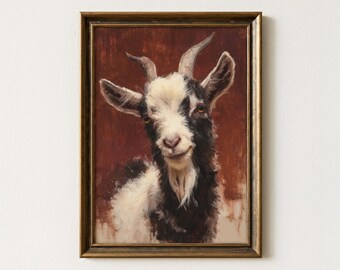Nigerian Dwarf Goat Oil Painting Print, Rustic Impasto Animal Portrait, Textured Farmhouse Decor, Moody Horned Billy Art Digital Download