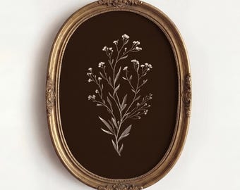 Botanical Wildflower Sketch Print, Dark Brown Floral Wall Art, Minimalist Nature Drawing, Vintage Aesthetic Illustration, Cottagecore Decor
