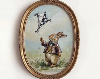 Cute Rabbit Nursery Wall Art, Vintage Bunny Kite Oil Painting, Whimsical Woodland Animal Decor, Brown Hare Kids Room Illustration Poster
