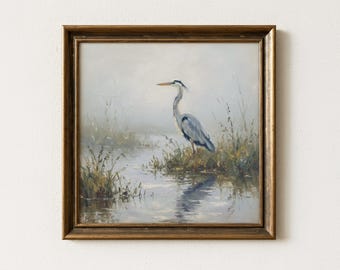 Serene Heron Oil Painting Print, Misty Blue Wading Bird Art, Atmospheric Marshland Horizon, Moody Coastal Estuary Decor, Digital Download