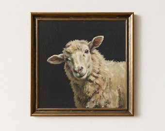 Humeurig schapenportret olieverfschilderij, donkere vintage Animal Art Print, rustieke boerderij muur decor, gedempt platteland beeldende kunst, digitale download