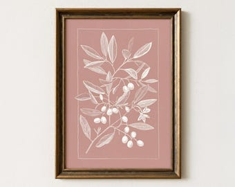 Dusty Mauve Olive Art Print, Vintage Botanical Sketch, Antique Rose Nature Poster, Muted Earthy Wall Decor, Rustic Plant Digital Drawing