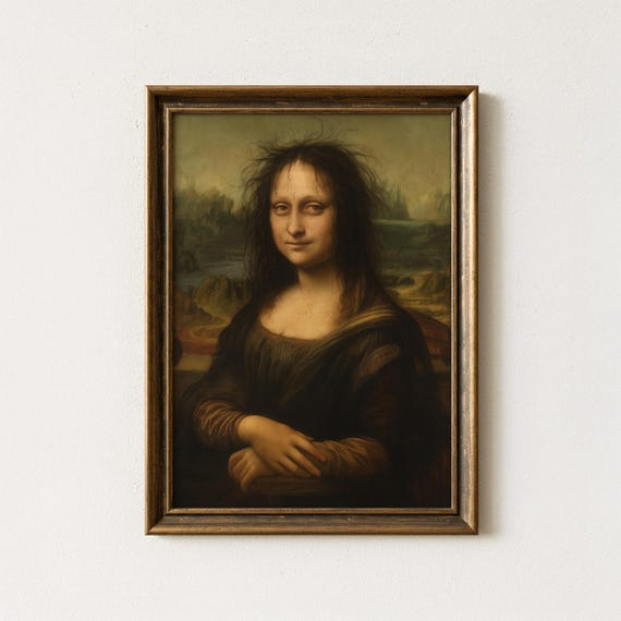 Bedhead Mona Lisa Art Print, Tired Mona Lisa with Messy Unruly Hair, Leonardo da Vinci Parody, Quirky Wall Decor, Funny Renaissance Painting