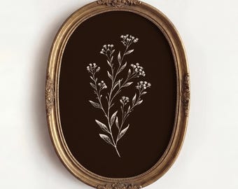 Wildflower Botanical Sketch Print, Dark Brown Floral Wall Art, Meadow Flower Drawing, Vintage Herbarium Illustration, Cottagecore Leaf Decor