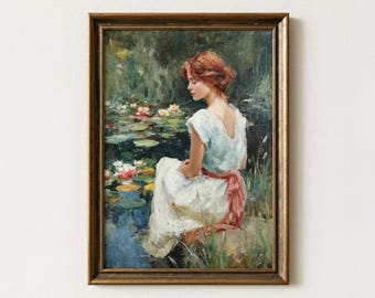 Redhead Woman Oil Painting Print, Water Lily Pond Wall Art, Romantic Impressionist Garden Decor, Vintage Cottagecore Aesthetic Floral Scene