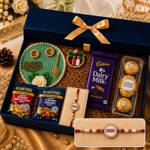 May include: A navy blue gift box containing a green decorative plate with text, a Cadbury Dairy Milk chocolate bar, a clear plastic tray with three Ferrero Rocher chocolates, two Planters nut bags, and a red and white beaded bracelet with a BRO charm.