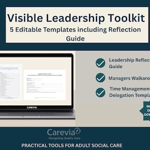 Könnte beinhalten: Ein Laptop zeigt ein "Visible Leadership Toolkit" mit 5 bearbeitbaren Vorlagen, einschließlich eines Reflexionsleitfadens. Das Bild hebt auch einen Führungsreflexionsleitfaden, einen Rundgang für Manager und eine Zeitmanagementvorlage hervor.