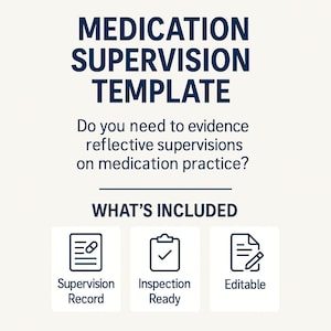 Op de afbeelding: Witte achtergrond met marineblauwe tekst die luidt: "MEDICATION SUPERVISION TEMPLATE". Hieronder staat de vraag "Moet u reflectieve supervisies in de medicatiepraktijk bewijzen?" en worden "WAT IS INBEGREPEN" vermeld. Pictogrammen voor Supervision Record, Inspection Ready en Editable.