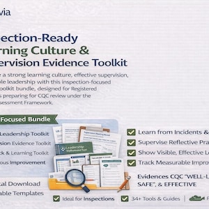 Puede incluir: Imagen promocional del kit de herramientas Carevia Inspection-Ready Learning Culture & Supervision Evidence. La imagen presenta una colección de documentos, una lupa y un lápiz. El texto incluye "Inspection-Focused Bundle" y viñetas que detallan las características del kit.