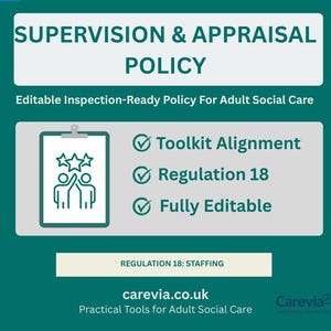 Puede incluir: Gráfico turquesa con el texto "SUPERVISION & APPRAISAL POLICY" y "Editable Inspection-Ready Policy For Adult Social Care". Incluye "Toolkit Alignment", "Regulation 18" y "Fully Editable".