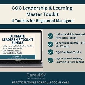 Puede incluir: Una computadora portátil muestra el "Ultimate Leadership Toolkit Bundle" con una lista de recursos. La imagen también incluye una lista de herramientas: Visible Leadership, Supervision, CQC Feedback y Learning Culture. El texto dice "Practical Tools for Adult Social Care."