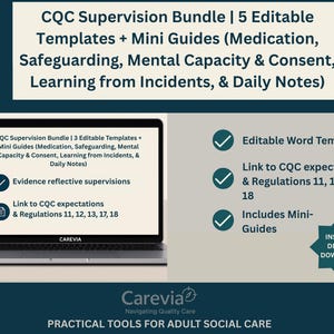 Puede incluir: Gráfico de descarga digital para un "CQC Supervision Bundle", con plantillas editables y miniguías. La imagen muestra un portátil que muestra una plantilla y enumera enlaces a las expectativas y regulaciones de CQC para el cuidado social de adultos.