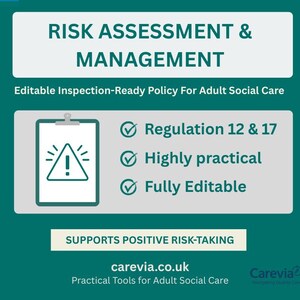May include: A teal graphic with the text "RISK ASSESSMENT & MANAGEMENT" and "Editable Inspection-Ready Policy For Adult Social Care." It includes a clipboard icon with an exclamation point and checkmarks for "Regulation 12 & 17," "Highly practical," and "Fully Editable."