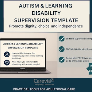 Puede incluir: Una computadora portátil muestra el texto "AUTISMO Y DISCAPACIDAD DE APRENDIZAJE PLANTILLA DE SUPERVISIÓN". El texto "Promover la dignidad, la elección y la independencia" también es visible. La imagen destaca plantillas editables y una guía PDF.