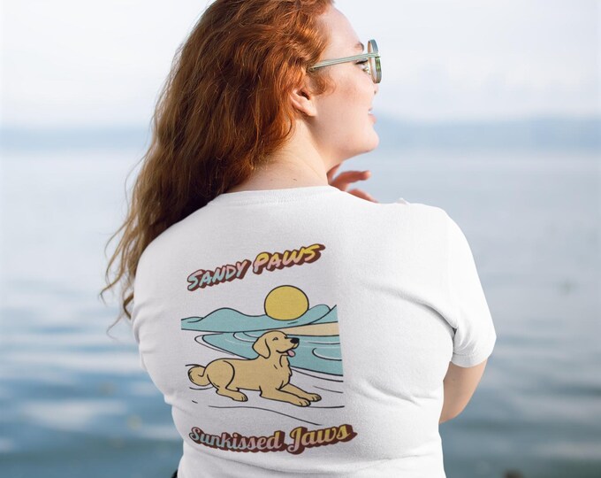 Retro dog motif T-shirt, beach design - Sandy Paws & Sunkissed Jaws, unisex, summery shirt for dog lovers, dog moms, dog dads