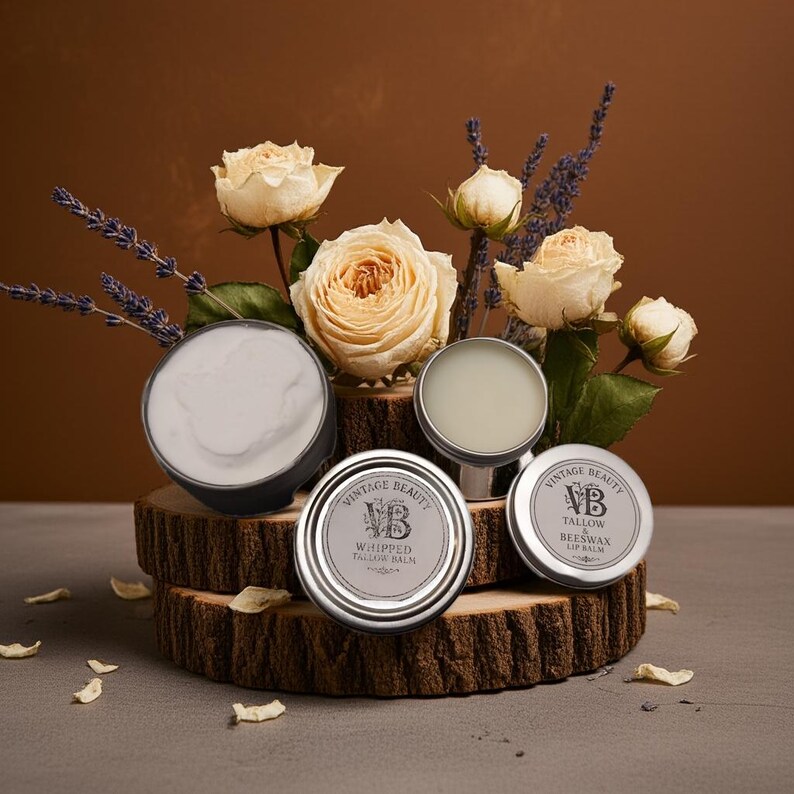 Puede incluir: Una exhibici&oacute;n de productos de belleza, incluyendo b&aacute;lsamo de sebo batido y b&aacute;lsamo labial de cera de abejas, presentados sobre una base de madera con rosas crema y ramitas de lavanda. Los productos est&aacute;n en latas plateadas.