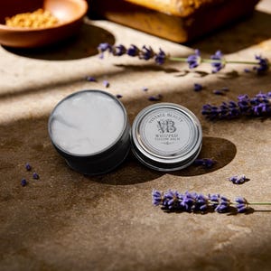 Puede incluir: Dos peque&ntilde;os botes redondos negros abiertos de Vintage Beauty Whipped Tallow Balm. Los botes tienen bordes plateados y etiquetas blancas. El b&aacute;lsamo del interior es blanco y esponjoso. Ramas y capullos de lavanda est&aacute;n esparcidos alrededor de los botes.