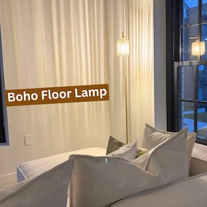 Gold Boho Floor Lamp with Rattan Shade & LED Bulb, Modern Style Tall Standing Lamp for Living Room, Bedroom, Office, Foot Switch Control