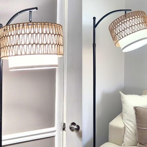 Arc Floor Lamp for Living Room, Boho Rattan Standing Lamp with Remote, Dimmable Tall Lamp for Bedroom, Office, Farmhouse Style
