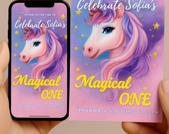 May include: A birthday invitation with a unicorn illustration. The invitation has a pink and purple background with a unicorn illustration, and the text "Celebrate Sofia's" and "Magical ONE" in yellow. The date and time are also included.