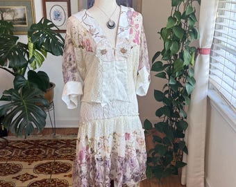 Boho Fairy 3 Piece Set Floral Lace Patchwork Beaded Romantic Cream Purple