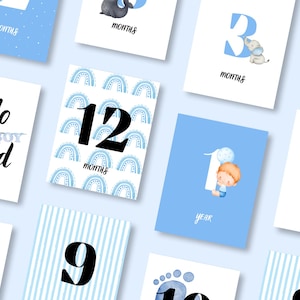 Cartes d'étape pour bébé Garçon | Accessoire photo mensuel nouveau-né bleu | Cadeau de baby shower en téléchargement numérique | Jeu de cartes imprimables 1-12 mois