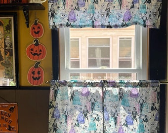 Elegant Skeletons Victorian Couples Pocket Rod Window Valance or Cafe Curtains Ready to Ship Halloween Goth Gothic Home Decor