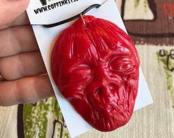 Shrunken Head Tiki Necklace Handmade Hand Poured Red Resin Halloween Oddities Spooky Retro Style