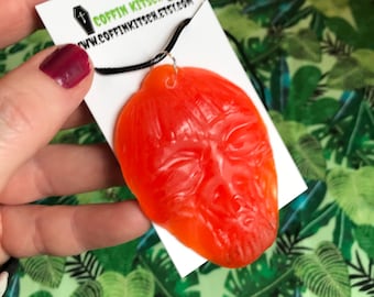 Shrunken Head Tiki Necklace Handmade Hand Poured Red Resin Halloween Oddities Spooky Retro Style