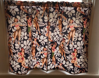 Ready to Ship* Tropical Hula Pinup 30.5" Length Cafe Curtains Kitsch Tiki Goth Retro MCM Kitchen Bathroom Bar Home Decor