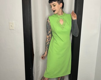 Vintage 1960s 1970s Bright Lime Green Cocktail Shift Dress Keyhole Bust Rhinestones Modern Medium/Large Pinup Glam