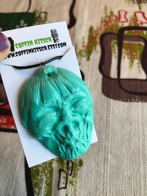 Shrunken Head Tiki Necklace Handmade Hand Poured Red Resin Halloween Oddities Spooky Retro Style