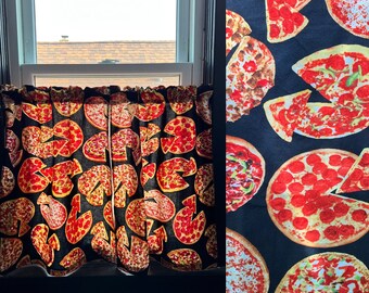 Ready to Ship* Handmade Kitchen Cafe Curtains 24" Length Pizza Novelty Print Fabric Fun Kitschy Retro Inspired Home Decor