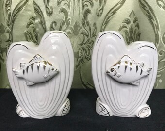 Kitschy Vintage 1950s 1960s Set of 2 Ceramic Off-White with Metallic Gold Details Fish Candleholders Wales Made in Japan Retro Home Decor