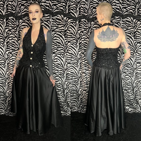 Beautiful Vintage 90s Black Halter Sequin Ballgown