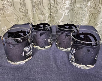 Vintage 1960s Set of 4 Silver Metallic Eagle with Scythe Signed Morgan Lowball Cocktail Glasses MCM Retro Barware