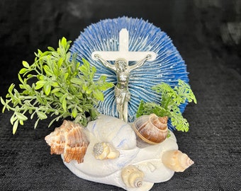 Vintage Kitschy and Holy Jesus with Mushroom Coral & Seashell Shrine with Plastic Greenery Home Decor Collectible MCM