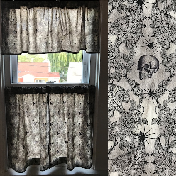 Made to Order* Victorian Inspired Filigree Skulls & Spiders Window Valance or Cafe Curtains Halloween Spooky Home Decor
