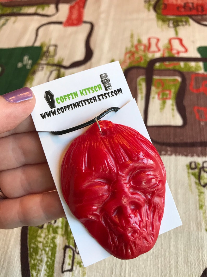 Shrunken Head Tiki Necklace Handmade Hand Poured Red Resin Halloween Oddities Spooky Retro Style