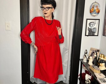 Vintage 1970s 1980s Red Dress with Silver Glitter Size Small Medium 70s Tiered Style Disco New Wave Retro Style