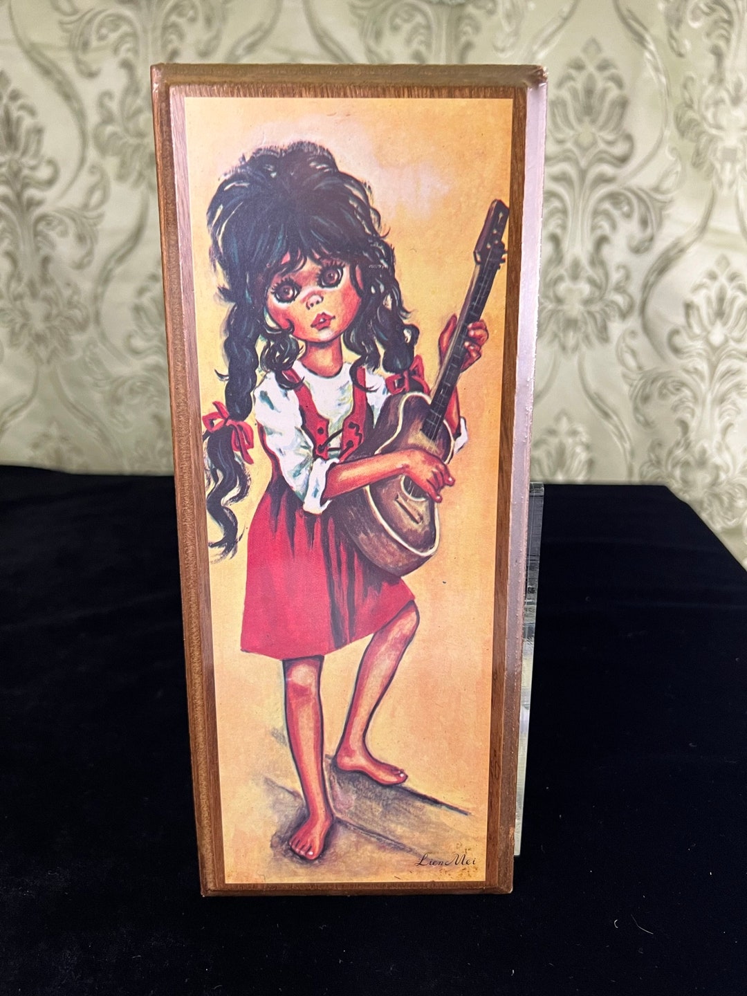 Vintage 1960s 1970s Big Eyes Art by Lien Mei Female Playing Guitar Wall